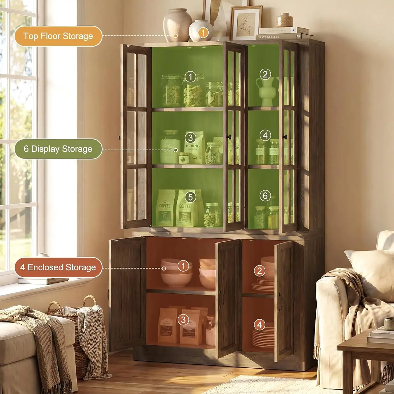 Optimized Multi-Zone Storage Architecture for Maximum Capacity Efficiency Detailed storage zones diagram of a wholesale 2-in-1 wood hutch cabinet showing 6 display areas and 4 enclosed compartments.
