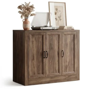 Wholesale 39-inch modern wood buffet sideboard cabinet with 3 doors in rustic walnut finish for commercial office or hospitality projects.
