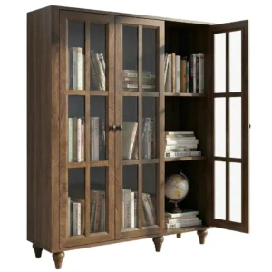Wholesale 51-inch 3-tier wooden bookcase with 3 glass display doors in a rustic walnut finish for commercial office or home projects.