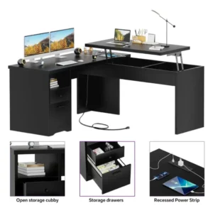 Wholesale 56 inch 142 cm l shaped standing desk with lift top mechanism in matte black showing recessed power strip open storage cubby and drawers