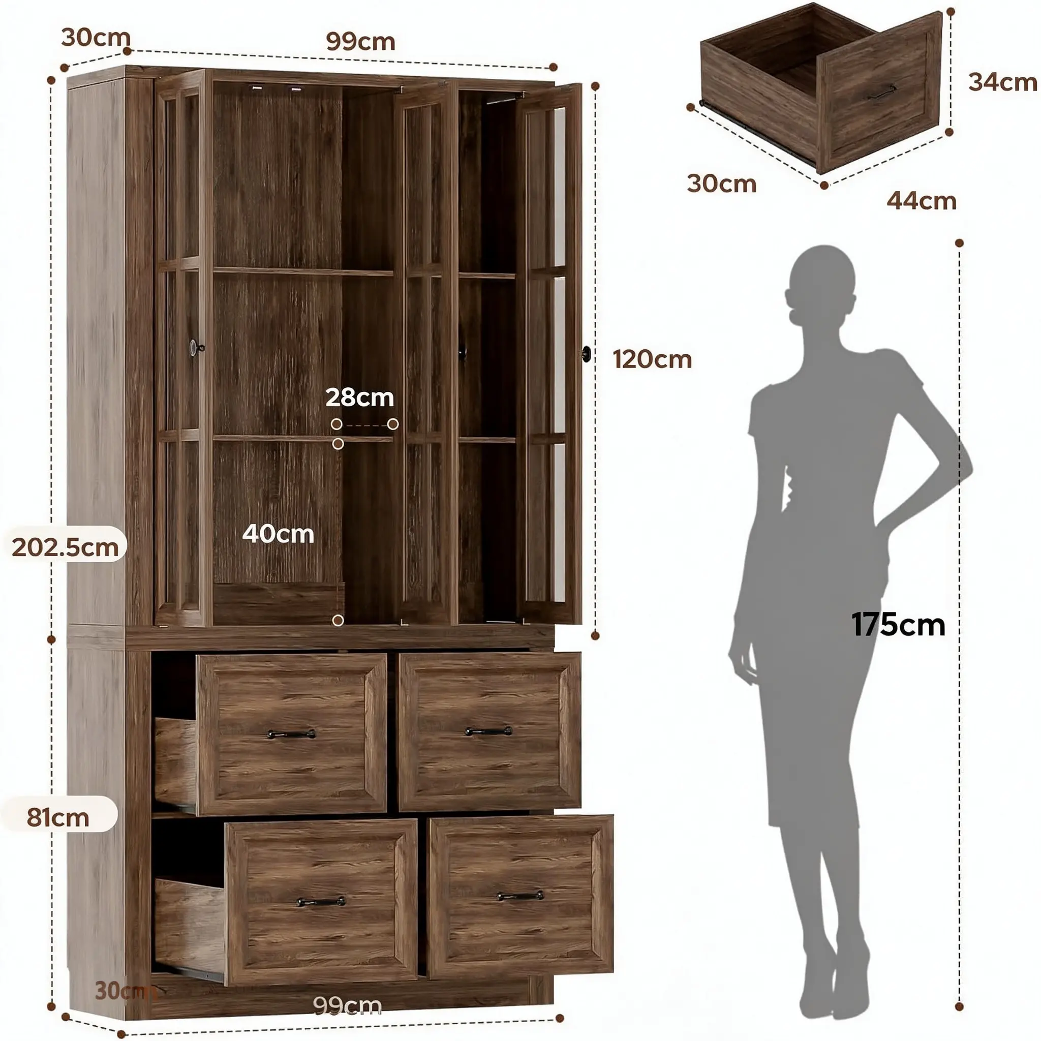 Accurate Technical Dimensions and Spatial Layout Specifications Technical dimension diagram of a wholesale 2-in-1 modular hutch bookcase with 4 drawers showing 202.5cm total height