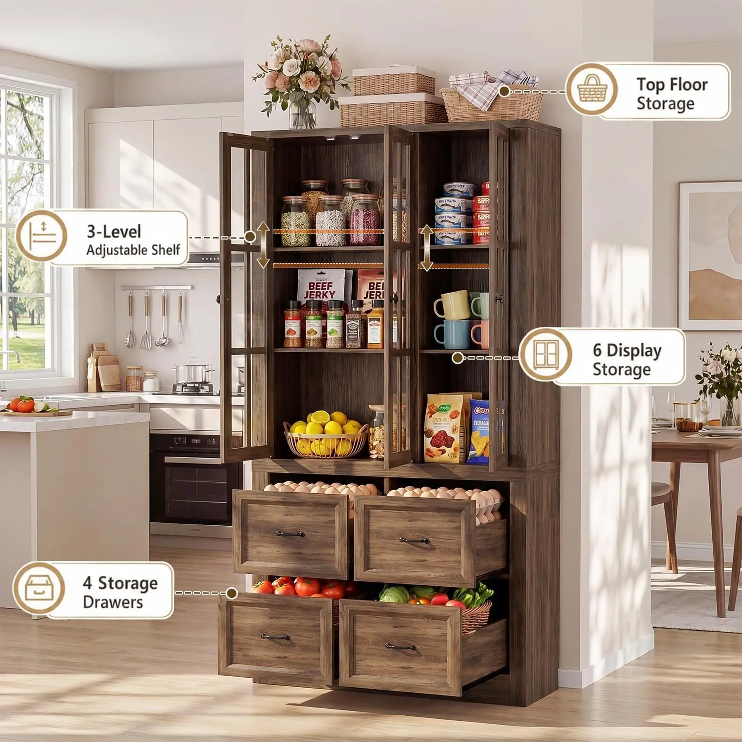 Advanced Multi-Functional Storage Architecture and Structural Features Feature diagram of a wholesale wood hutch cabinet with 4 drawers, highlighting the 3-level adjustable shelf and 6 display storage zones