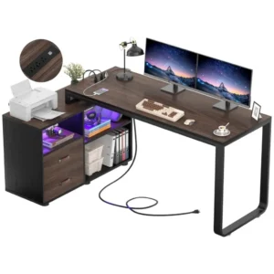 wholesale walnut L shaped computer desk with drawers and storage shelves