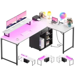 wholesale white L shaped computer desk with LED strip and outlets