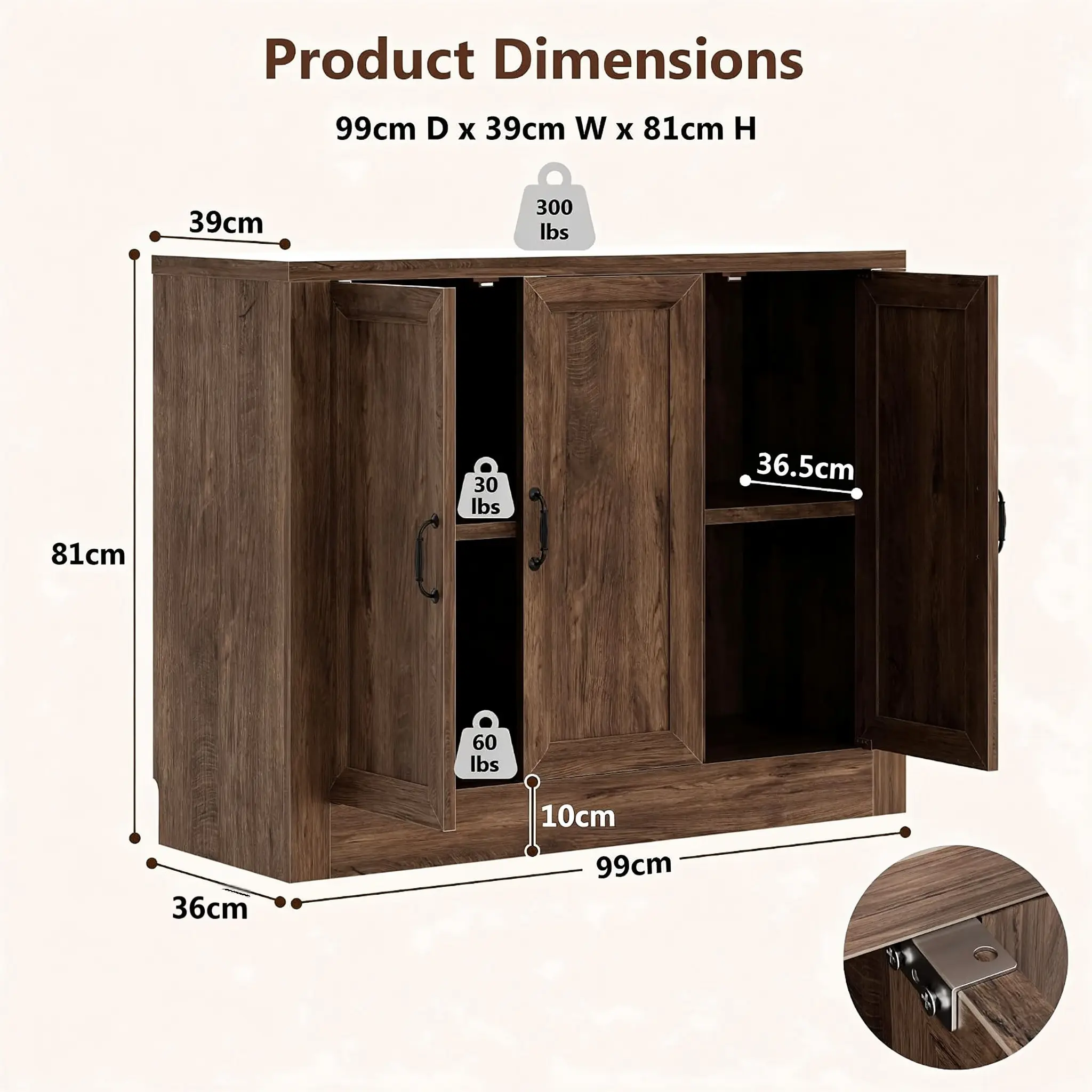 Accurate Technical Dimensions and Weight Load Capacity Specifications Technical dimension and load capacity diagram of a wholesale 3-door wood sideboard showing 99cm length and 300 lbs top capacity.