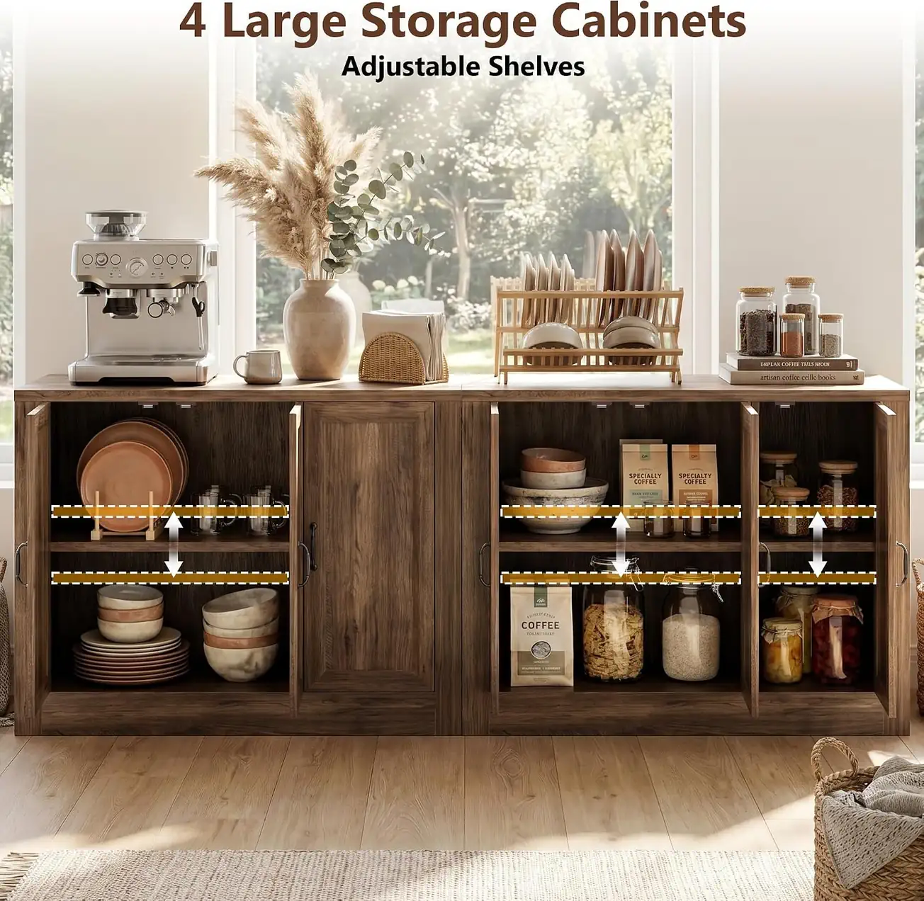 Optimized Interior Layout with Height-Adjustable Shelves Interior view of a wholesale 3-door wood buffet cabinet showcasing 4 large storage zones and height-adjustable shelves.