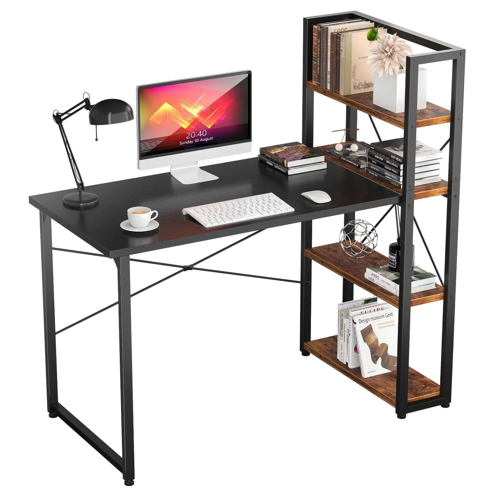 55.2" (140cm) Angled View Desk with Bookshelf - Comfuri Angled perspective view of a 55.2 inch 140cm computer desk with a 4 tier storage bookshelf on the right side