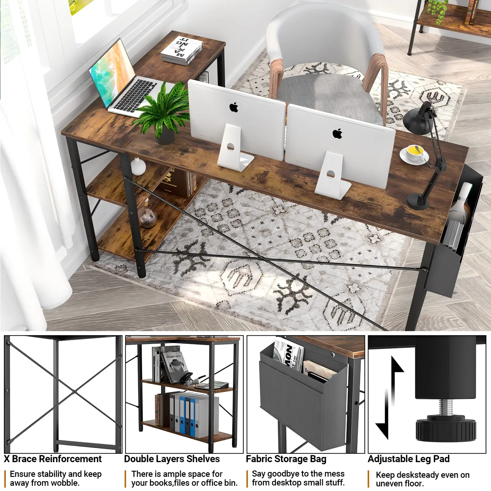 L-Shaped Desk Features Diagram - Comfuri Product feature diagram of a 55.2 inch 140cm rustic brown L-shaped computer desk showing x-bracing, storage shelves, and side bag