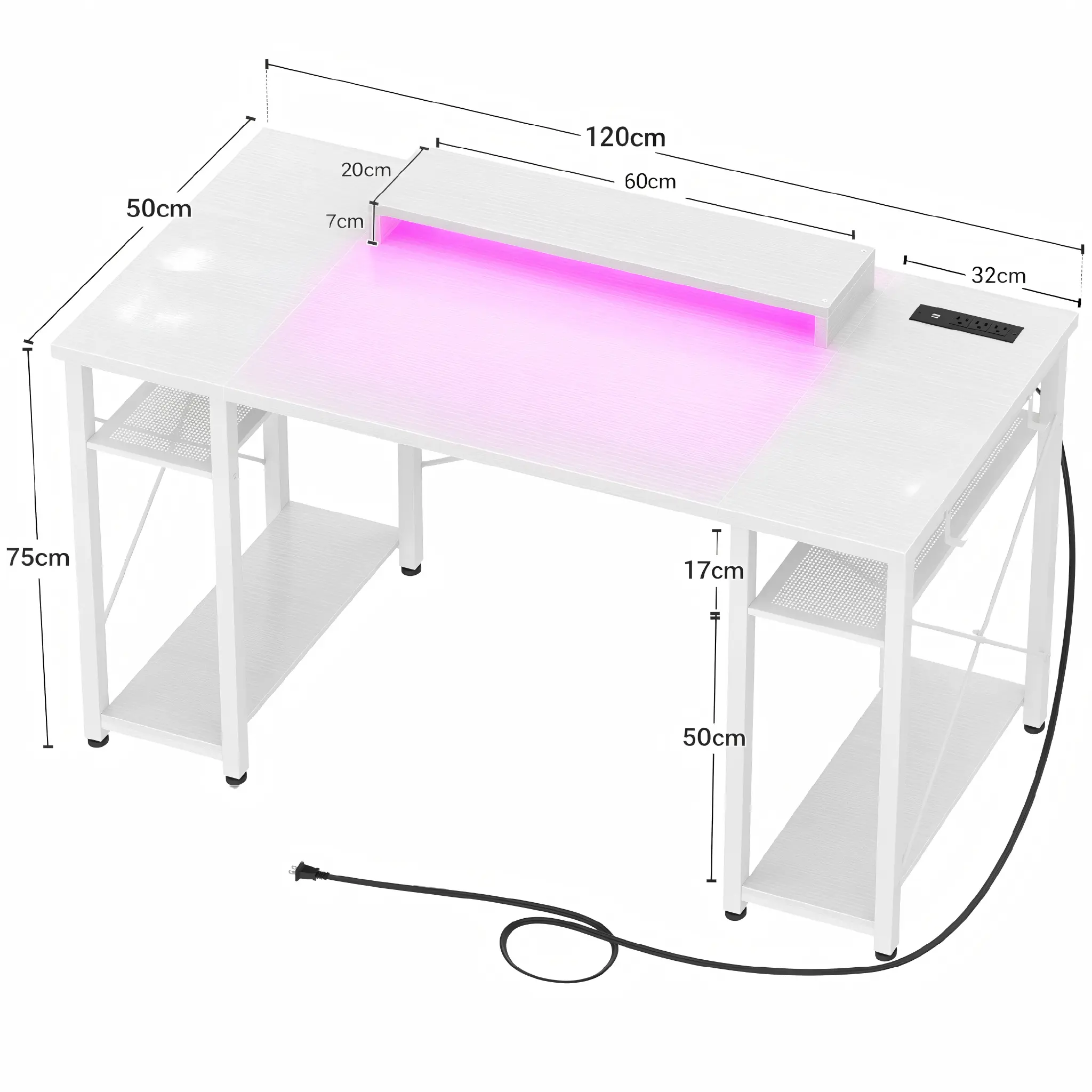 55.2" (140cm) Product Dimensions Gaming Desk - Comfuri Product dimensions and size diagram of a 55.2 inch 140cm white computer gaming desk with pink led lights