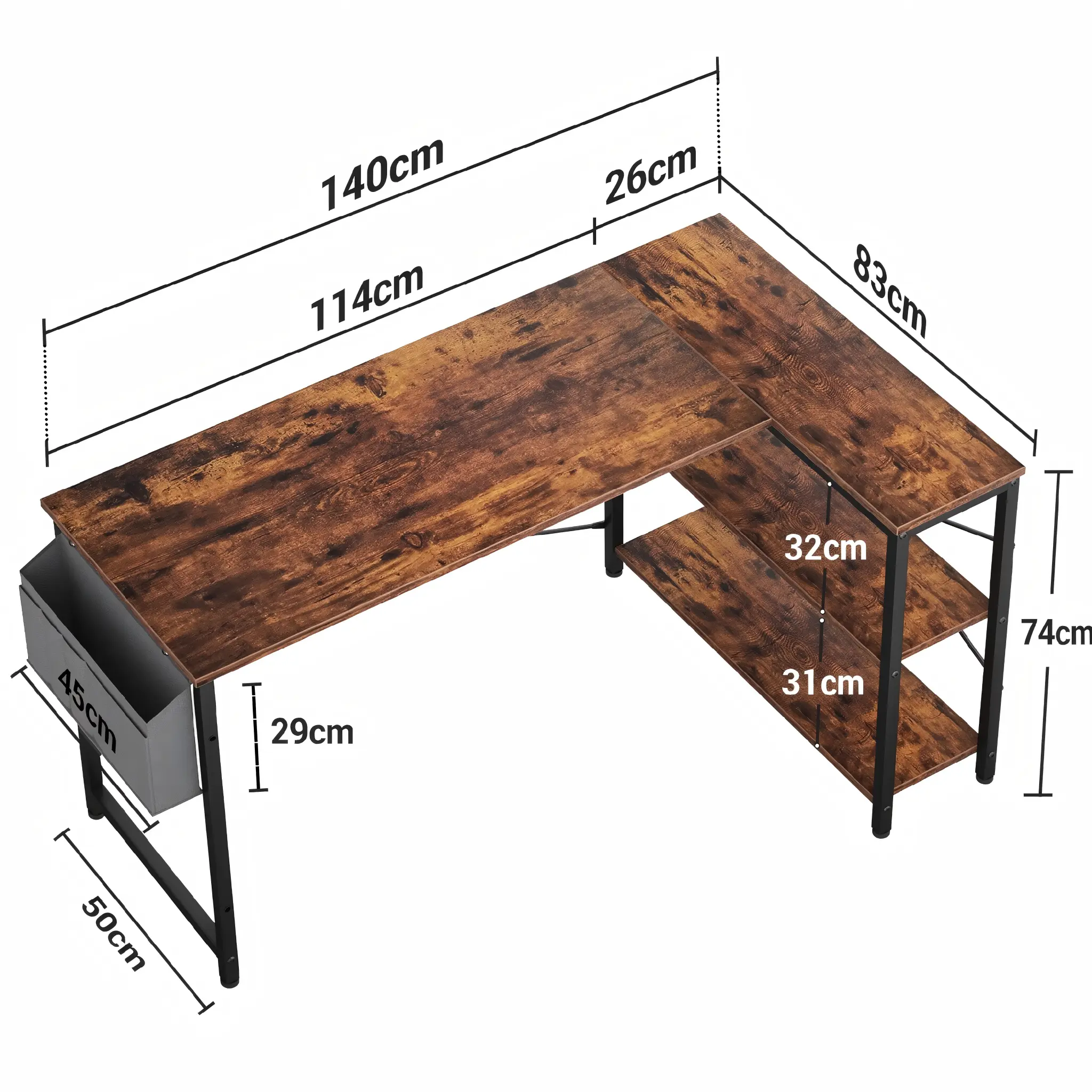 Product Dimensions L-Shaped Desk - Comfuri Product dimensions and size diagram of a 55.2 inch 140cm rustic brown L-shaped computer desk with storage shelves