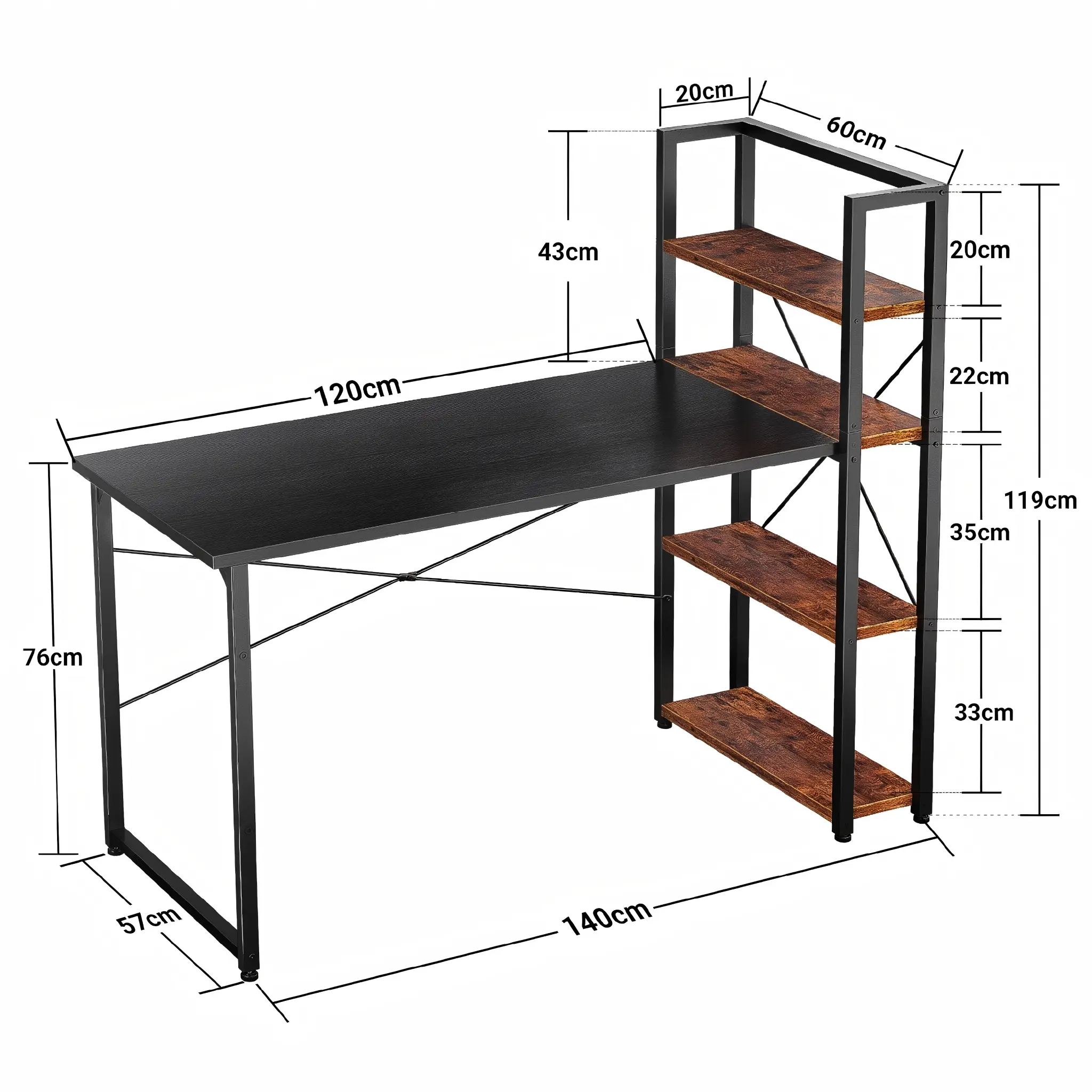Product dimensions and size diagram of a 55.2 inch 140cm black and rustic brown computer desk with storage bookshelf 55.2" (140cm) Product Dimensions Desk with Bookshelf - Comfuri