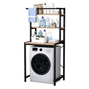 Industrial over the washing machine storage rack with wooden shelves for laundry room
