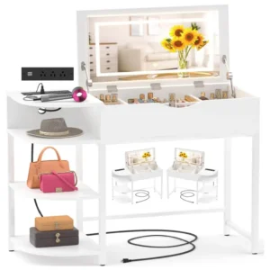 White flip top vanity desk with built-in LED mirror, charging station, and side storage shelves