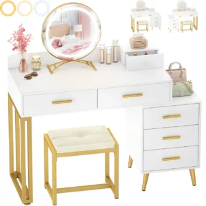 Modern white and gold makeup vanity set with round LED mirror, 5 drawers, and cushioned stool
