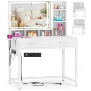 Text) Modern white makeup vanity desk with large LED lighted frameless mirror, charging station, and hair dryer holder